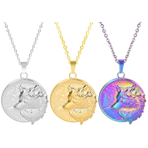 Three-piece wolf head pendant necklace set in silver, gold, and iridescent plating
