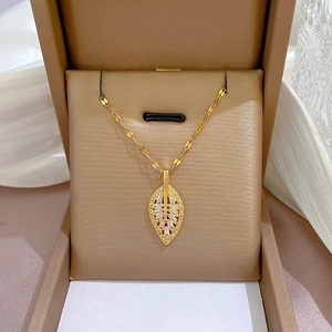 Gold Leaf Pendant Necklace Titanium Steel Chain Copper Zircon Inlay Elegant Clavicle Chain Jewelry For Women