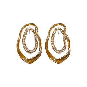 Double-layered irregular oval gold earrings with sparkling pavé crystal embellishments