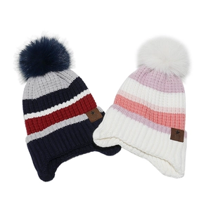 Kids colorful striped knit earflap beanie with faux fur pom pom and leather patch
