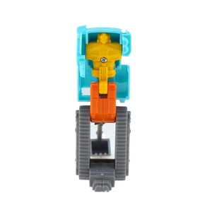 Detail view of the caterpillar tracks and screw assembly on a blue robot construction toy