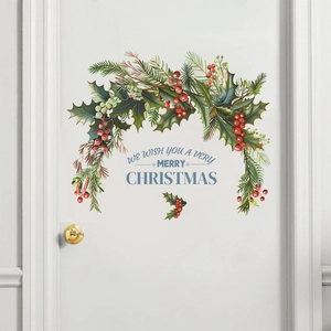 Christmas wreath door sticker with red berries and merry christmas greeting wall decal