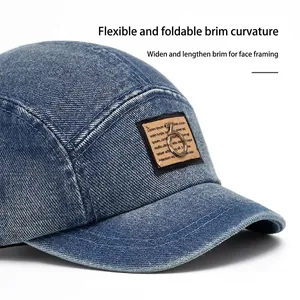 Deep blue denim baseball cap with metal ring detail and vintage patch for sun protection