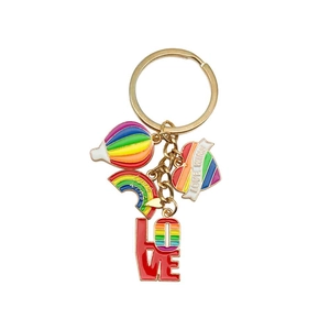 Porte-clés arc-en-ciel en émail doré avec cœur et montgolfière pour bijoux DIY