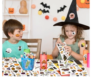Kids enjoying Halloween party stickers featuring cartoon pumpkins and spooky bats decor