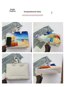 Detail view of ethnic canvas tote bag with hemp rope handles and summer beach prints