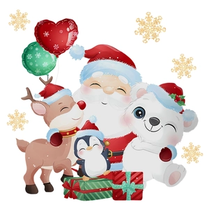 Close-up of Santa Claus, reindeer, and penguin stickers for Christmas toilet decoration