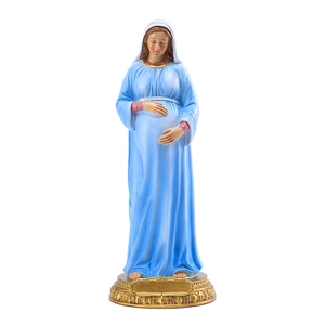 Classic 21.3cm pregnant Mary resin statue in blue robes on golden base for home decor