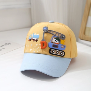 Close-up of baby baseball cap with 3D cartoon crane pattern and blue brim detail
