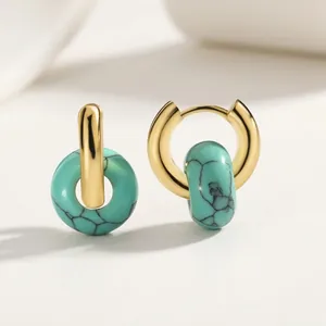 Orecchini A Cerchio Retro Rame Placcato Oro 18K Pendente Tondo Turchese Sintetico Gioielli Geometrici Donna