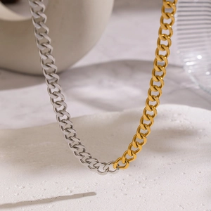 Two-tone mixed gold and silver chunky chain necklace in minimalist stainless steel