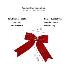 Detailed specifications of the red velvet bow hair clip with star rhinestone and dimensions