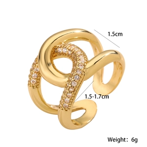 18K gold-plated geometric criss-cross zircon ring with adjustable 1.5-1.7cm opening