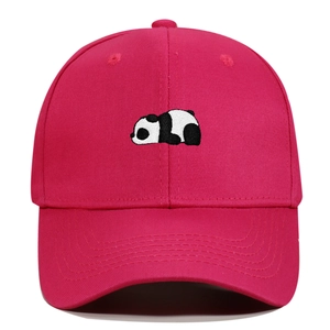 Detailed embroidery of a panda on a rose red cotton baseball cap with curved brim