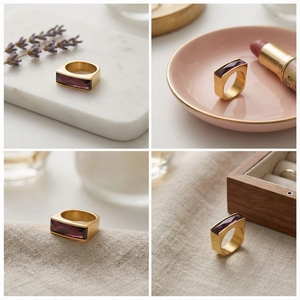 Collage showing a luxury gold stainless steel ring with a square purple gemstone