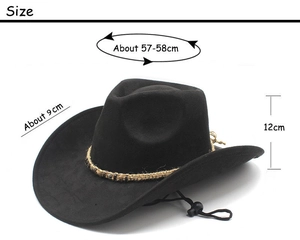 Détail des dimensions du chapeau de cowboy avec bord de 9cm et cordon réglable