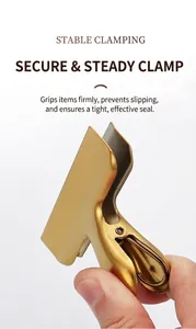 Close-up of golden stainless steel sealing clip showing strong grip and secure seal