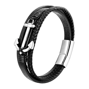 Men's braided black leather bracelet with silver steel anchor charm and magnetic clasp