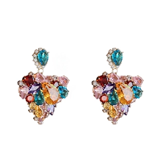 Sparkling silver needle heart earrings with colorful zircon stones in a gold plated setting