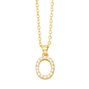Detailed view of golden letter O pendant with elegant white pearl inlay and metal chain