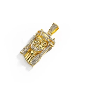 Collana hip hop color oro con ciondolo a testa di Gesù e cristalli brillanti incastonati