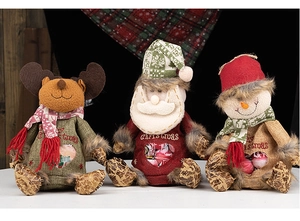 Three Christmas burlap gift bags with Santa, reindeer, snowman and heart window