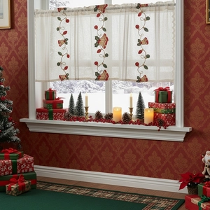 Christmas lace cafe curtain with bell embroidery and festive berry motifs for window decor