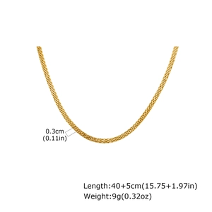 Detail shot showing a 0.3cm width gold mesh chain necklace with size specifications