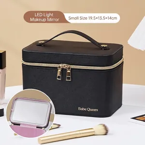Black leather cosmetic bag with LED mirror, golden zippers, and large capacity travel case