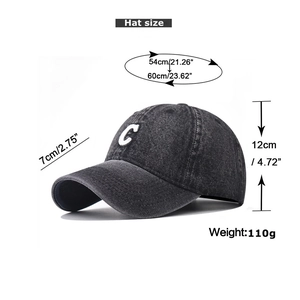 Guide des tailles détaillé pour la casquette en denim gris avec broderie lettre C