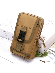 Vertical khaki tactical belt pouch with adjustable buckle and dual zipper pockets for men