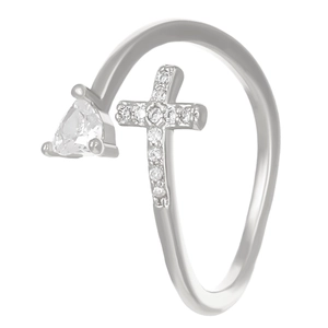 Close-up of silver open ring featuring a hollow cross and a triangle-cut zircon stone