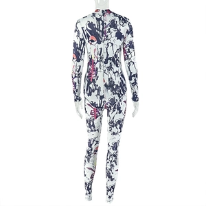 Back view of high-elasticity printed jumpsuit with stand collar and abstract multicolor print