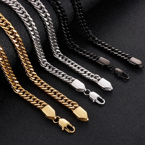 Detailed view of Cuban link chains in gold, silver, and black with lobster clasps