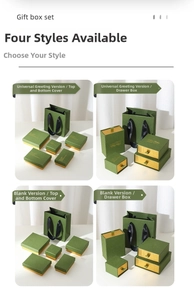 Green jewelry gift box set with gold foil stamping and black satin ribbon handles