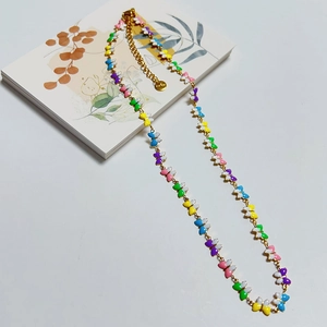 18k gold-plated stainless steel necklace with multi-colored enamel butterflies