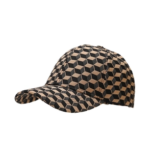 Brown and black baseball cap featuring 3D geometric cube patterns and curved brim