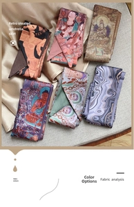 Detailed view of vintage silk scarves with Dunhuang mural prints in various artistic colors