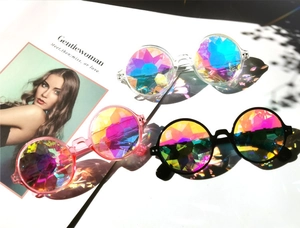 Detailed view of kaleidoscope glasses with faceted lenses creating rainbow light effects