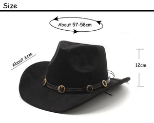 Detail of black western cowboy hat featuring vintage metal buckles and size chart