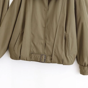 Army green cropped bomber jacket with side buckle hem details and durable woven fabric