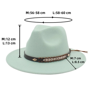 Detailed size chart for mint green wide brim wool fedora with woven decorative band