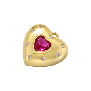 Gold-plated heart pendant featuring a ruby-red center stone and clear zircon accents