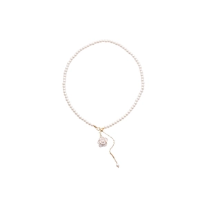 Elegant camellia pearl necklace with a white flower pendant and gold extension chain