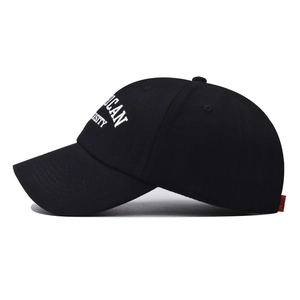 Black cotton baseball cap with American University embroidery and a red side tag label