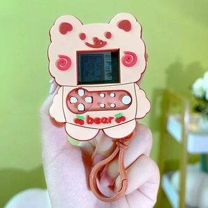 Mini orange bear handheld game console keychain with pixel screen and cherry buttons