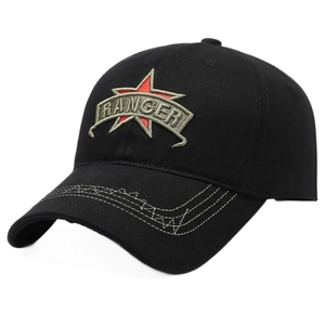 Black cotton baseball cap with RANGER embroidery and red star for outdoor sun protection