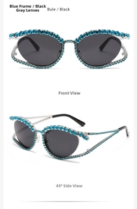 Detail view of silver Y2K cat-eye sunglasses with sparkling blue rhinestones