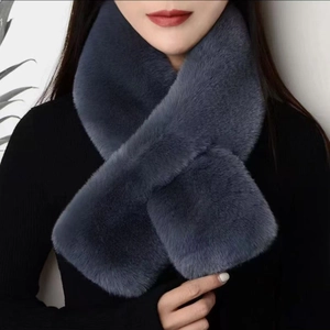 Close-up of a soft grey faux mink fur scarf on model with thick plush texture detail