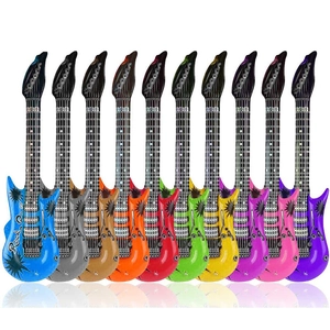 Row of colorful inflatable PVC rock guitars for parties shown in ten different vibrant colors